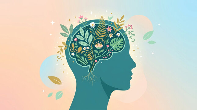 Vibrant silhouette of a human head filled with lush greenery and blooming flowers symbolizing growth mental well being and nature's harmony set against a soft gradient