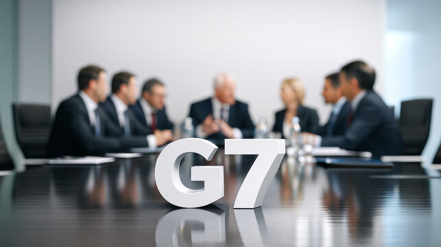Global Summit: Seven world leaders convene at a conference table, symbolizing international cooperation and global governance. The image features a selective focus on the letters G7.