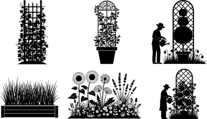 Garden silhouette vector set featuring trellis plants, flower beds and gardener watering greenery, decorative botanical elements in black isolated design for landscaping and nature themes © SreeShontusChandra
