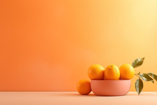 A clay bowl with fresh oranges with leaves stands on a table on a pink-orange background. Minimalistic design, space for text.