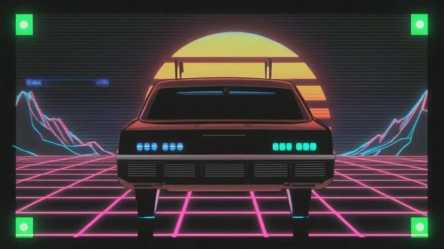 Car drives on neon grid road towards sunset mountain landscape. 4K video