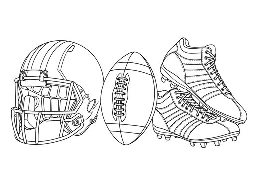 American football gear with helmet, ball, and cleats for sports game
