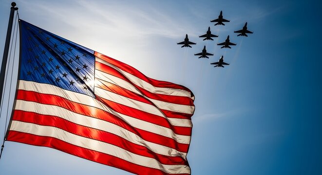American flag waving with fighter jets flying in formation overhead on a clear day