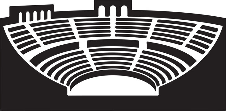 Icon of a roman amphitheater with white silhouette on black background
