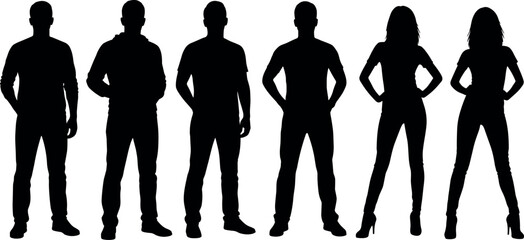 Silhouette collection of standing men and women in confident poses isolated on light background for fashion body language people character design concept © SreemotiArponaBala