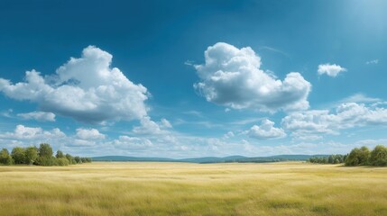 Obraz premium Serene Landscape with Vast Blue Sky and Fluffy Clouds Over Golden Grassland Under Bright Sunshine