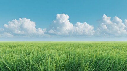 Obraz premium Vibrant Green Grass Under Bright Blue Sky with Fluffy White Clouds in a Calm Natural Landscape