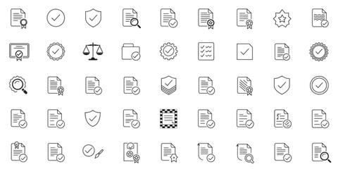 Fototapeta premium Collection of thin line vector icons for document management, file security, data verification, and secure information handling, essential for business and digital applications
