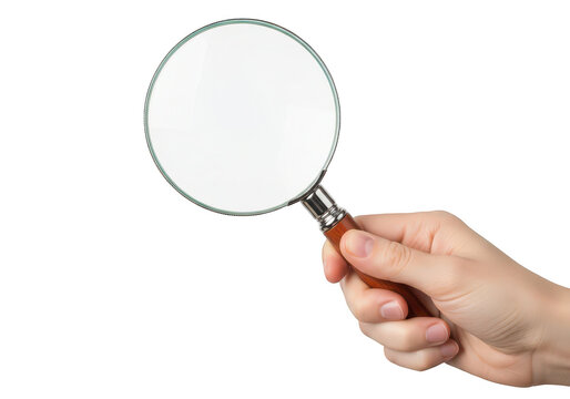 A hand holding a magnifying glass isolated on transparent background