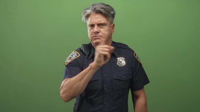 Man police officer points finger at camera in studio greenscreen, badge and shoulder radio visible; authority command.