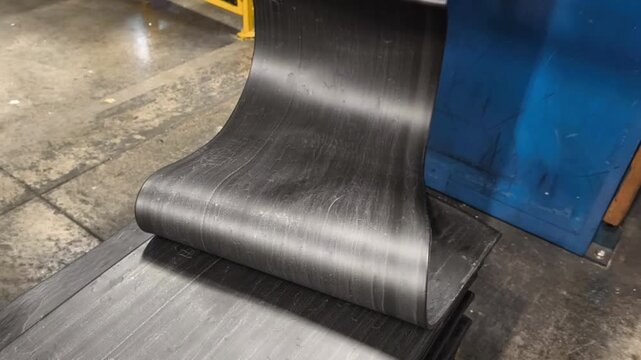 In the rubber factory, rubber sheets on pallets feed the extruder line.