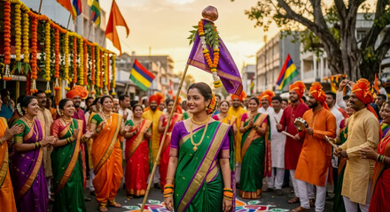 Naklejka premium Gudi Padwa festival celebration with traditional attire and cultural procession in India