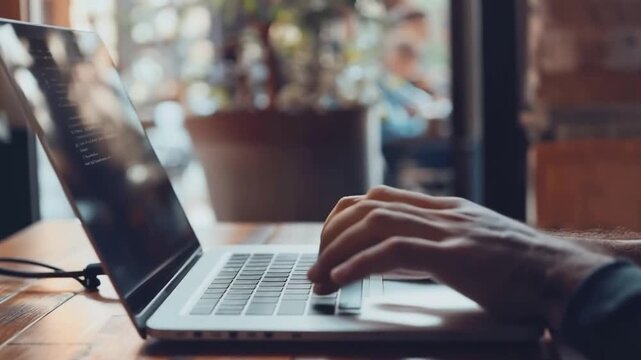 Typing Hand on Laptop: A close-up shot captures the focus of an individual's hand, delicately maneuvering the keyboard of a sleek laptop, inviting thoughts of digital connection.