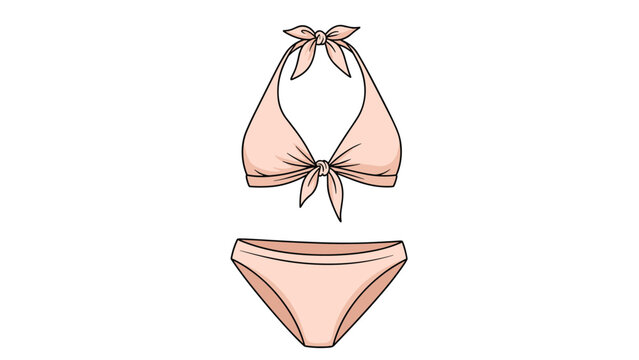 Simple hand-drawn illustration of a fashionable two-piece pink bikini swimsuit for women with tie-knot details on a white background.