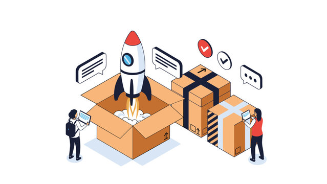 Startup business team launching a rocket from a shipping box while managing packages and customer feedback in an isometric view.