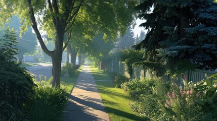 Fototapeta premium Lush Green Urban Sidewalk Surrounded by Trees and Vibrant Flowering Plants on a Bright Sunny Day