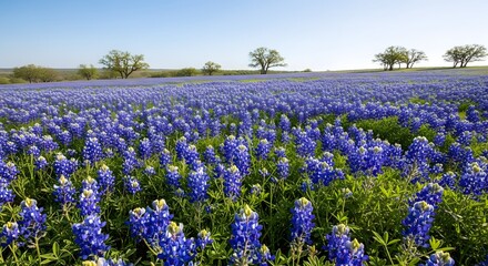 Fototapeta premium Wide scenic landscape of a large field filled with blooming purple bluebonnet flowers under a clear sky