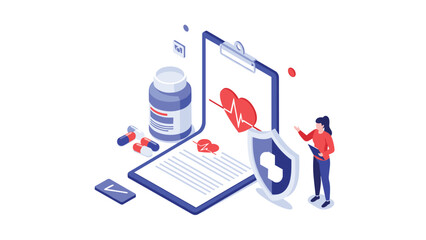 Obraz premium Isometric medical scene shows a nurse standing by a giant clipboard with heart rate data and a bottle of prescription pills.