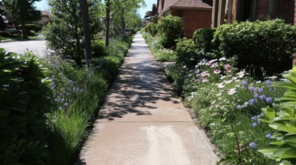 Serene Sidewalk Surrounded by Lush Greenery and Colorful Flowers in a Peaceful Residential Neighborhood