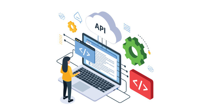 Software developer works on an API integration using a laptop and cloud based coding tools in an isometric workspace scene.