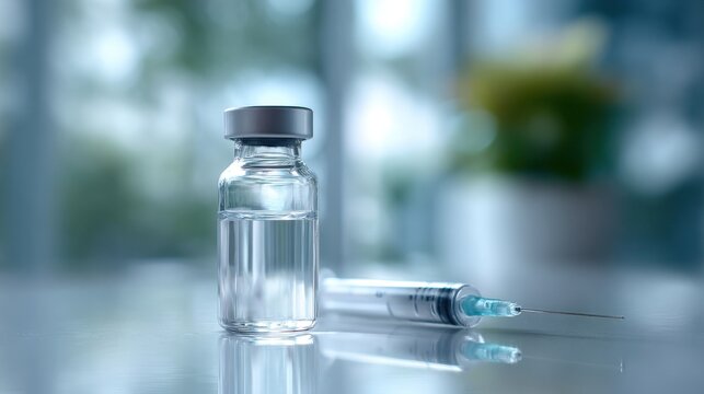 Clear glass vaccine vial with syringe on reflective surface