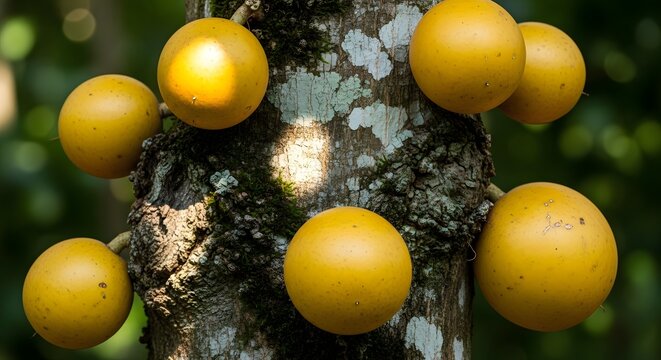 Close up of several round yellow calabash fruits growing directly on the trunk of a tropical tree