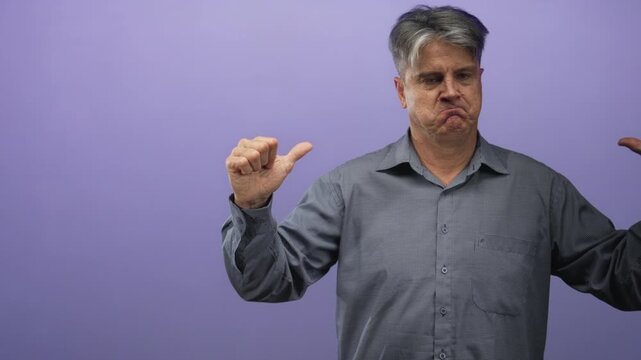 Senior man with grey hair pointing thumbs to chest in a purple studio, wearing checked grey shirt; wry disappointment.