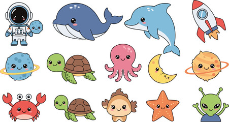 Vector set of cute cartoon characters featuring sea animals like whales and turtles mixed with space elements including astronaut rocket planets and alien isolated on white background. © MdSaddam