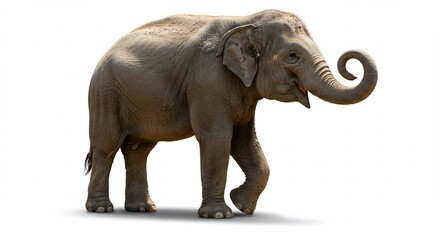 Obraz premium A majestic elephant walks forward in a clean studio shot with a white backdrop.. AI Generated