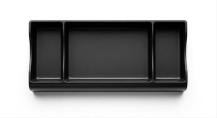 Sleek black pencil tray with multiple compartments isolated on a white background