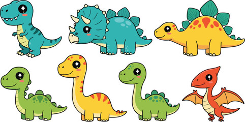 Vector set of cute cartoon dinosaur characters including Tyrannosaurus Rex Triceratops Stegosaurus Brachiosaurus and Pterodactyl isolated on white background. © MdSaddam