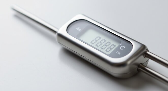 Brightly lit modern digital kitchen thermometer for precise temperature control on a clean white surface. AI Generated