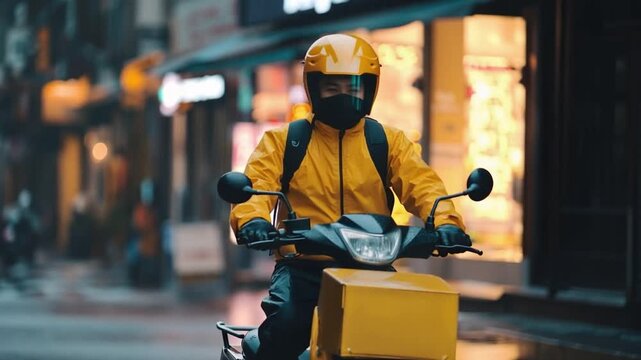 The Courier's Journey: A delivery driver navigates a city street, ready to fulfill his duty with a helmet and bright attire, showcasing dedication and service.