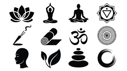 Yoga and meditation symbols including lotus flower om and chakras on white background for mindfulness and wellness concepts