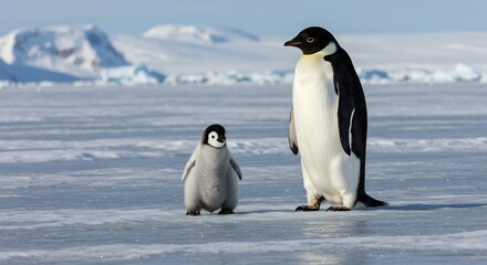 Obraz premium Majestic adult emperor penguin stands tall beside a tiny fluffy chick on bright sunlit ice in vast Antarctic wilderness. AI Generated