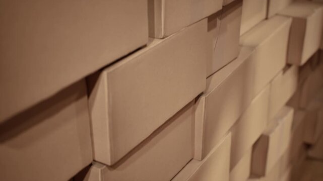 Closeup stack of cardboard logistics shipping boxes in warehouse. 3D animation. 4K. Logistics Idea concept.	
