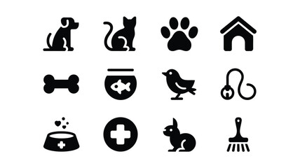 Fototapeta premium Vector icons for pet care and animal symbols including dogs cats birds and pet accessories on white background