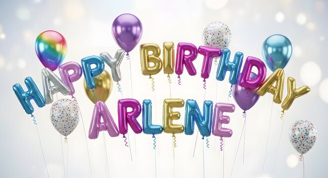 A festive birthday card featuring the name Arlene spelled out in colorful 3D balloon letters surrounded by floating party balloons