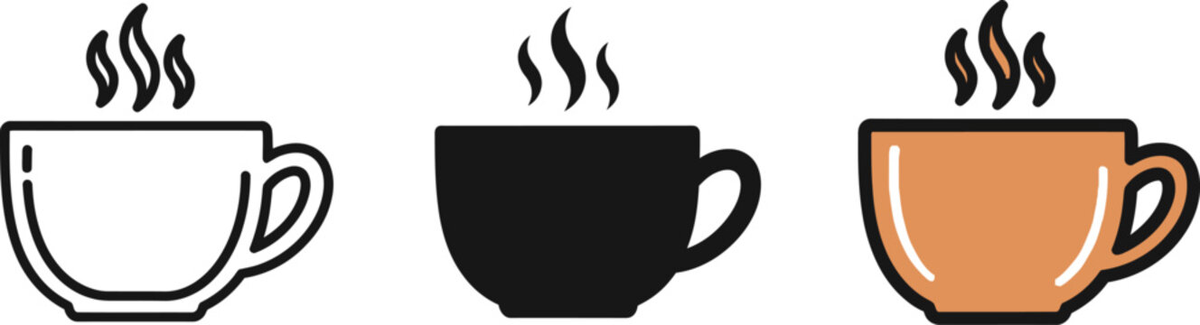 Vector graphic illustration of three steaming coffee cups on white background