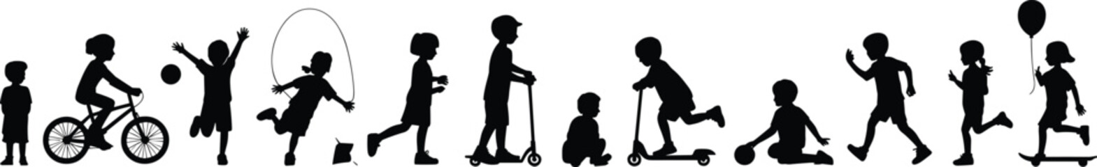 Silhouettes of children engaging in various outdoor activities including biking, jumping rope, playing ball, and using scooters © Hey world