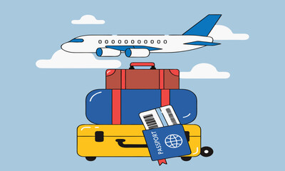 An airplane flies above stacked luggage including a passport and travel tickets high quality professional detailed