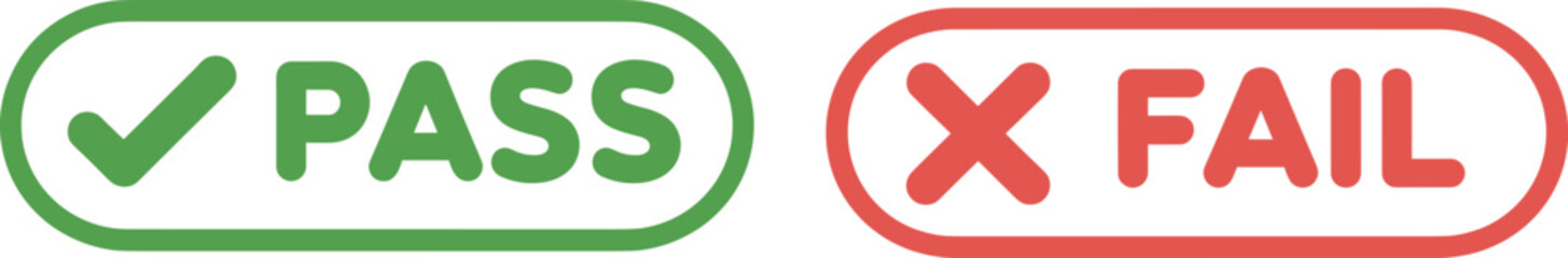Obraz premium Pass and fail status stamp vector icon set, green check and red cross symbols for exam results
