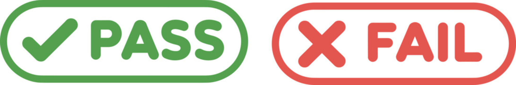 Pass and fail status stamp vector icon set, green check and red cross symbols for exam results