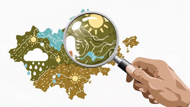 Magnifying Glass Examines Weather Map with Icons for Sun, Rain, and Temperature.