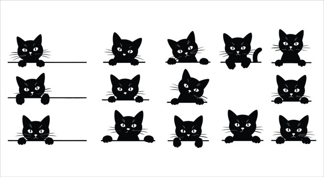A pattern of black cat silhouettes peeking over horizontal lines creating a playful design