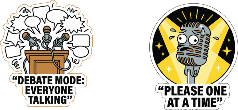Vibrant cartoon stickers illustrating communication challenges: a lively multi-person debate and a stressed microphone asking for calm.