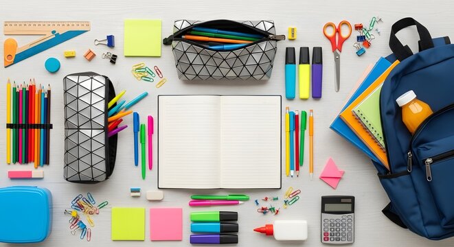 A cluttered desk with a blue backpack, school supplies, and an open notebook.