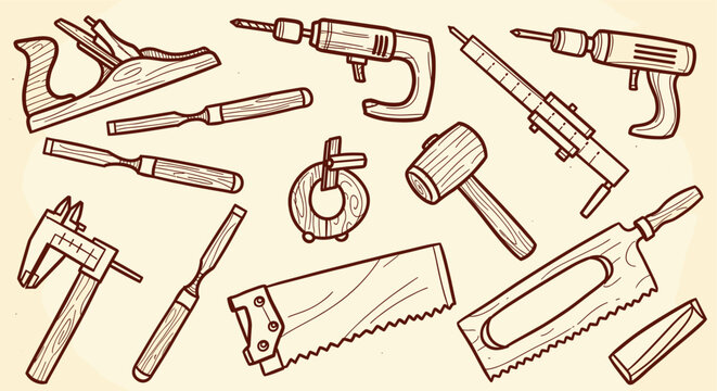 Collection of vintage woodworking tools and carpentry instruments arranged on a light background