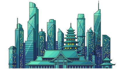 Fototapeta premium Stylized Illustration of a City Skyline with Traditional Architecture