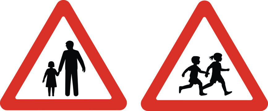 Red triangular road sign vector set featuring school crossing and pedestrian warning icons for street safety design